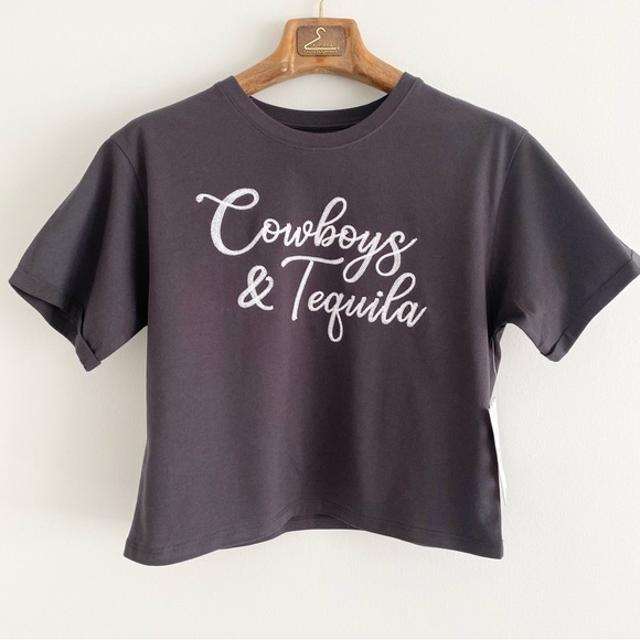 Tops - Cowboys & Tequila Embroidered Black Organic Cotton, Concert Graphic Tee